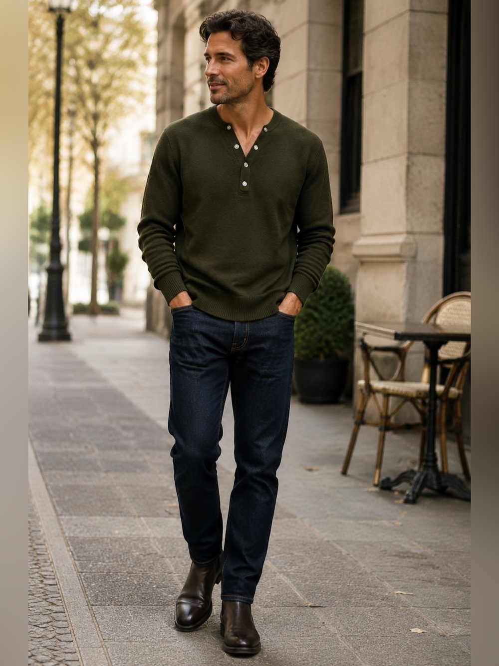 Oat New York NWT Men sweater with buttons on V-Neck, Dark Olive green.